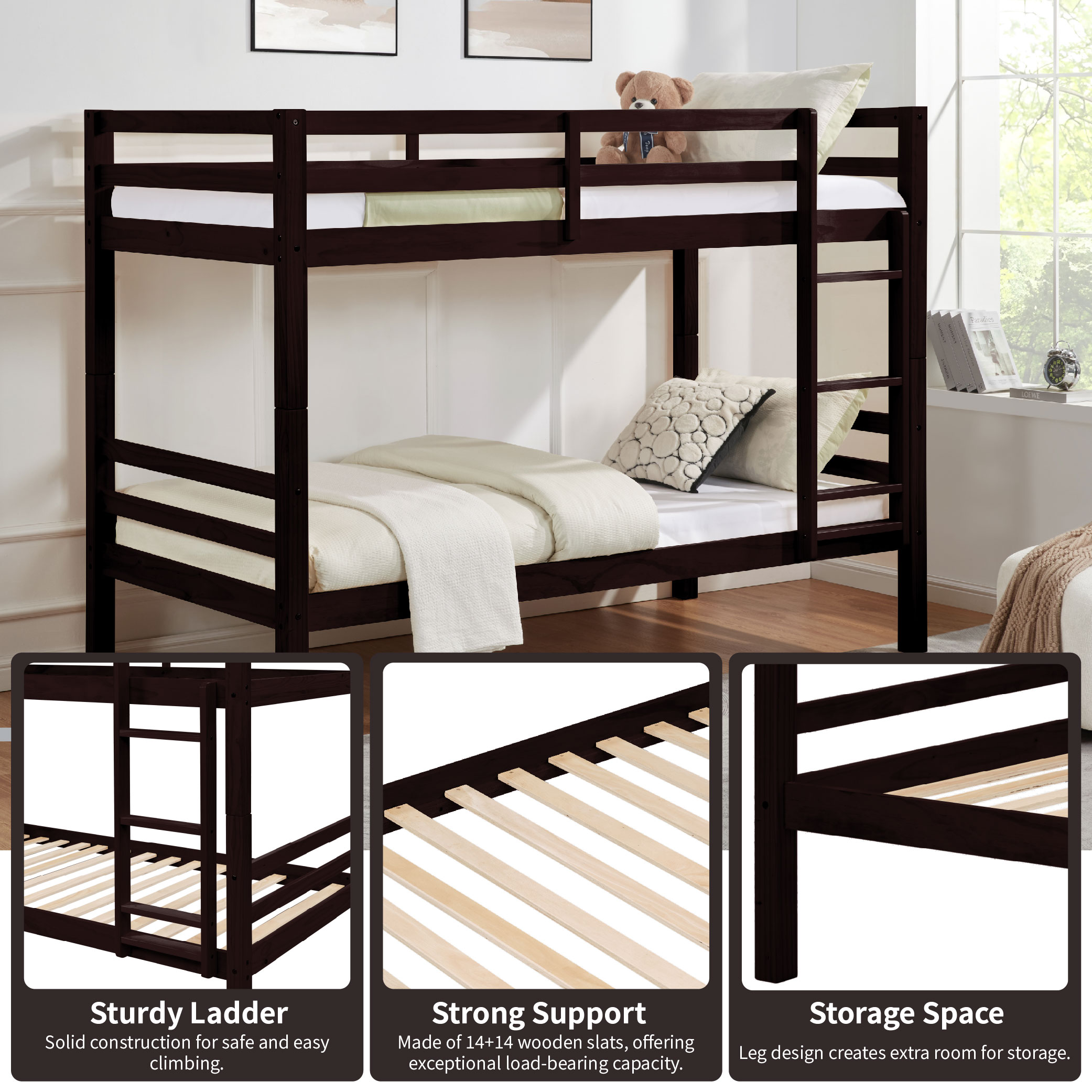 Twin over Twin Bunk Bed with Thick Posts,Wooden Bunk Bed with High Guardrail and Ladder for Kids, Teens, Dorm Rooms, and Guest Rooms,No Box Spring Needed,Espresso Twin over Twin Bunk Bed with Thick Posts,Wooden Bunk Bed with High Guardrail and Ladder for Kids, Teens, Dorm Rooms, and Guest Rooms,No Box Spring Needed,Espresso